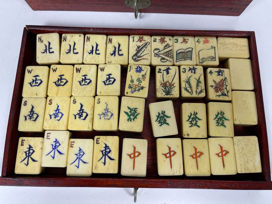 Vintage Chinese Mahjong Set Bamboo And Bone Tiles With Rosewood Wooden 5-Drawer Box 9.5W X 6D X 6.5H [Photo 6]