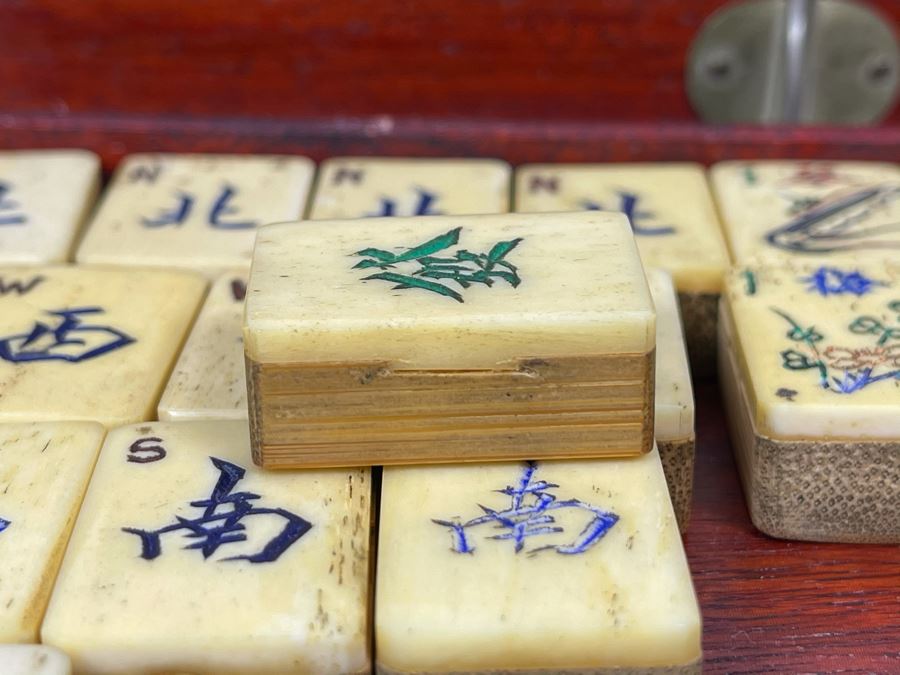Vintage Chinese Mahjong Set Bamboo And Bone Tiles With Rosewood Wooden 5-Drawer Box 9.5W X 6D X 6.5H [Photo 11]
