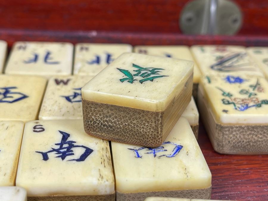 Vintage Chinese Mahjong Set Bamboo And Bone Tiles With Rosewood Wooden 5-Drawer Box 9.5W X 6D X 6.5H [Photo 12]