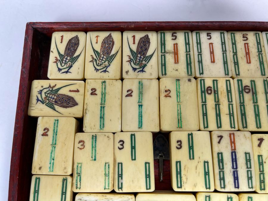 Vintage Chinese Mahjong Set Bamboo And Bone Tiles With Rosewood Wooden 5-Drawer Box 9.5W X 6D X 6.5H [Photo 14]