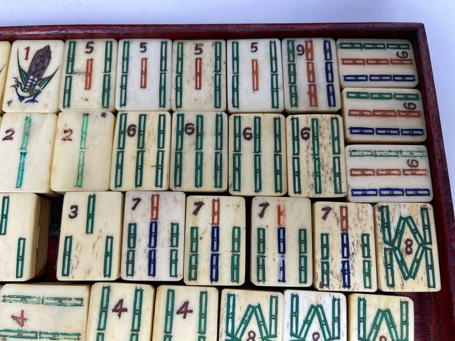 Vintage Chinese Mahjong Set Bamboo And Bone Tiles With Rosewood Wooden 5-Drawer Box 9.5W X 6D X 6.5H [Photo 15]