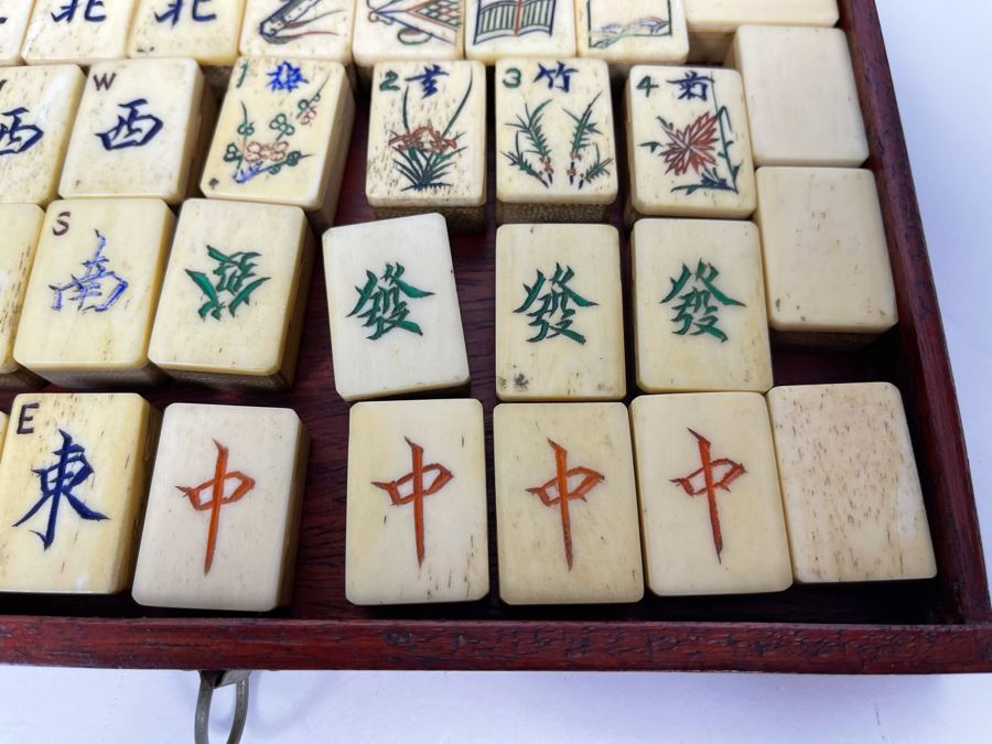 Vintage Chinese Mahjong Set Bamboo And Bone Tiles With Rosewood Wooden 5-Drawer Box 9.5W X 6D X 6.5H [Photo 9]