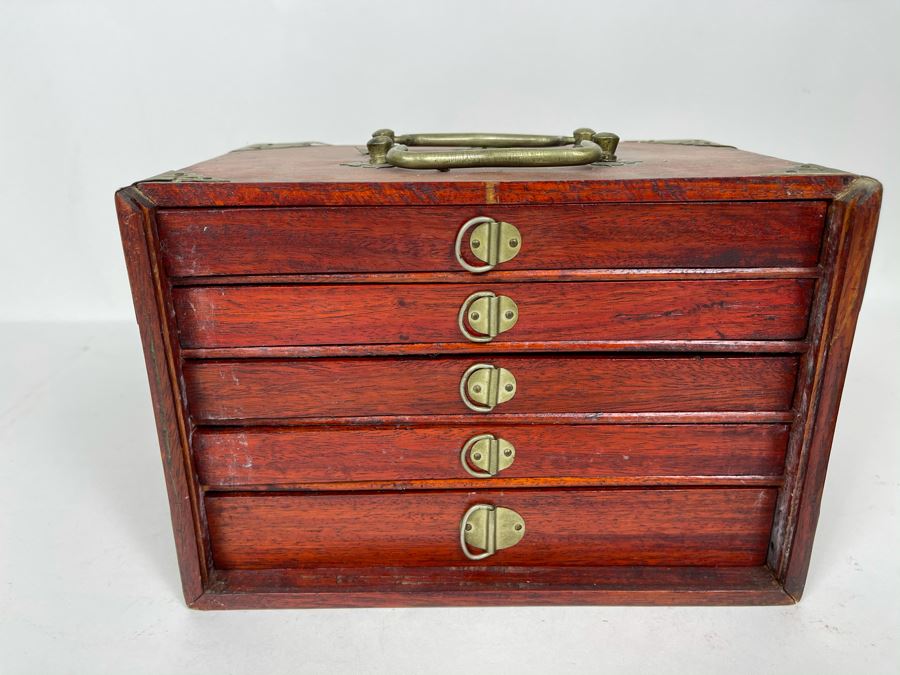 Vintage Chinese Mahjong Set Bamboo And Bone Tiles With Rosewood Wooden 5-Drawer Box 9.5W X 6D X 6.5H [Photo 27]