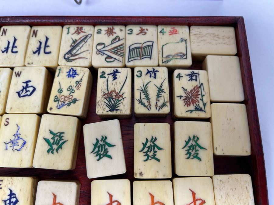 Vintage Chinese Mahjong Set Bamboo And Bone Tiles With Rosewood Wooden 5-Drawer Box 9.5W X 6D X 6.5H [Photo 8]