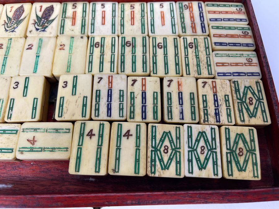 Vintage Chinese Mahjong Set Bamboo And Bone Tiles With Rosewood Wooden 5-Drawer Box 9.5W X 6D X 6.5H [Photo 16]