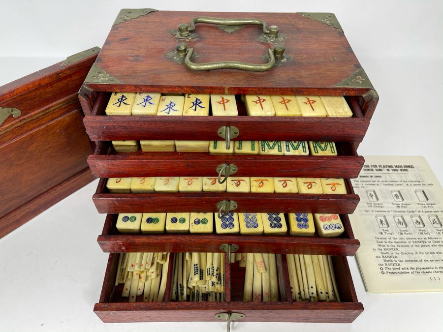 Vintage Chinese Mahjong Set Bamboo And Bone Tiles With Rosewood Wooden 5-Drawer Box 9.5W X 6D X 6.5H [Photo 3]