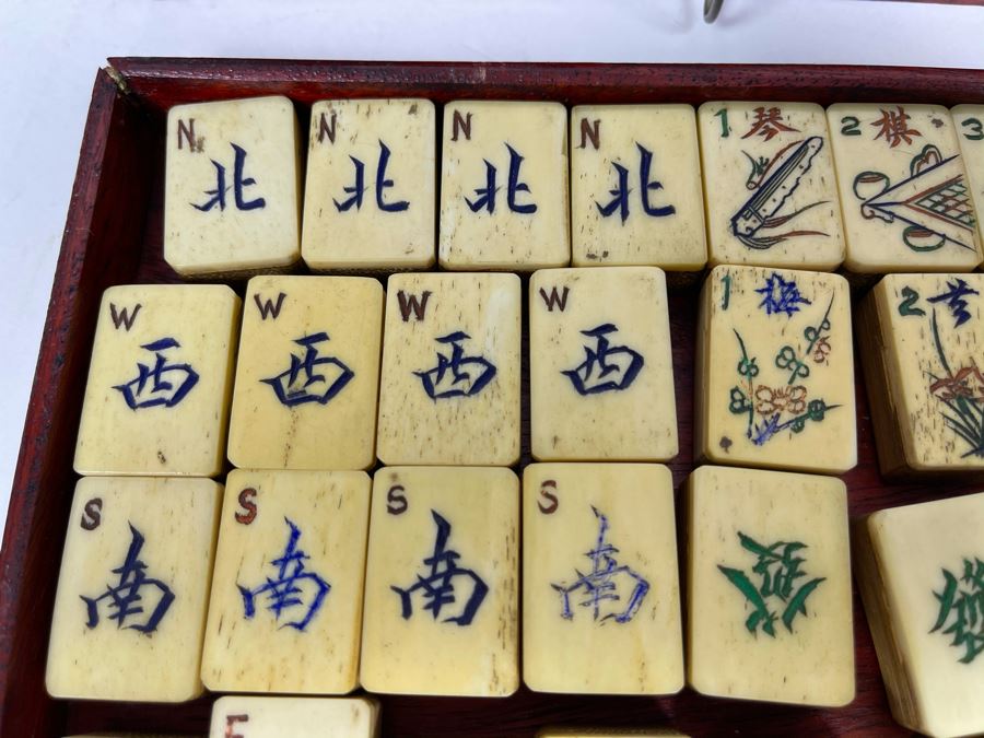 Vintage Chinese Mahjong Set Bamboo And Bone Tiles With Rosewood Wooden 5-Drawer Box 9.5W X 6D X 6.5H [Photo 7]