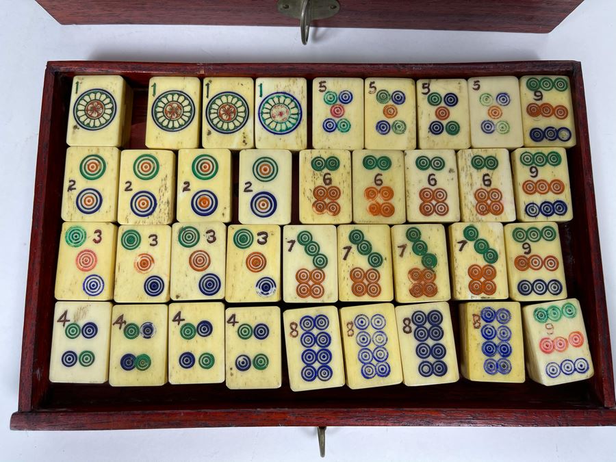 Vintage Chinese Mahjong Set Bamboo And Bone Tiles With Rosewood Wooden 5-Drawer Box 9.5W X 6D X 6.5H [Photo 19]