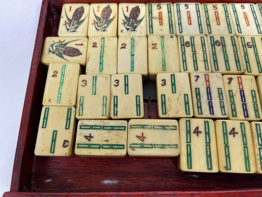 Vintage Chinese Mahjong Set Bamboo And Bone Tiles With Rosewood Wooden 5-Drawer Box 9.5W X 6D X 6.5H [Photo 17]