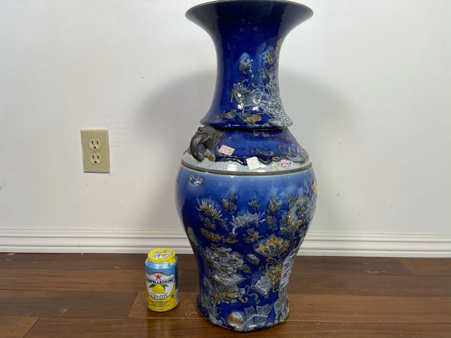 Stunning People's Republic Of China Chinese Porcelain Blue Glazed Large Vase 22.5H X 11W [Photo 14]
