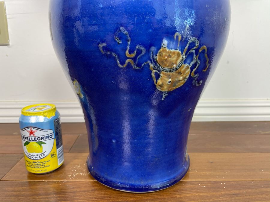 Stunning People's Republic Of China Chinese Porcelain Blue Glazed Large Vase 22.5H X 11W [Photo 17]