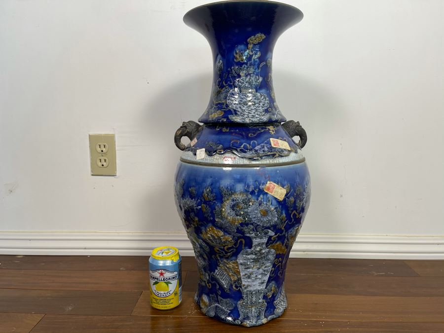 Stunning People's Republic Of China Chinese Porcelain Blue Glazed Large Vase 22.5H X 11W [Photo 6]