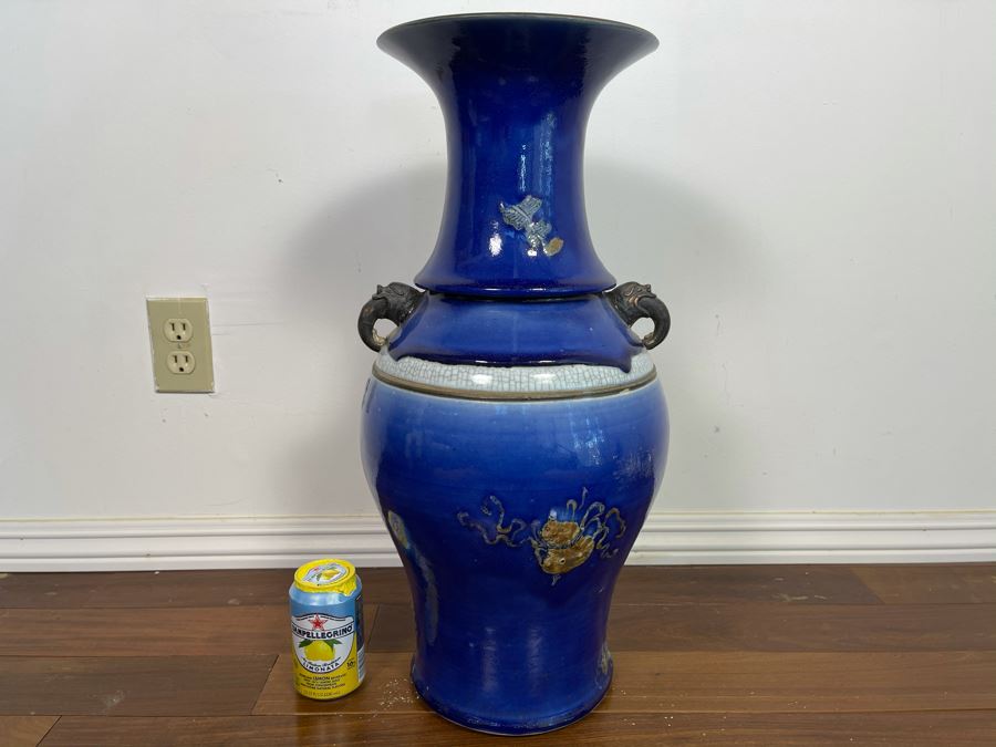 Stunning People's Republic Of China Chinese Porcelain Blue Glazed Large Vase 22.5H X 11W [Photo 15]