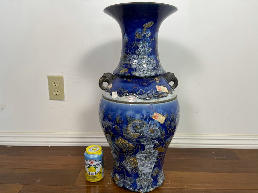 Stunning People's Republic Of China Chinese Porcelain Blue Glazed Large Vase 22.5H X 11W [Photo 5]