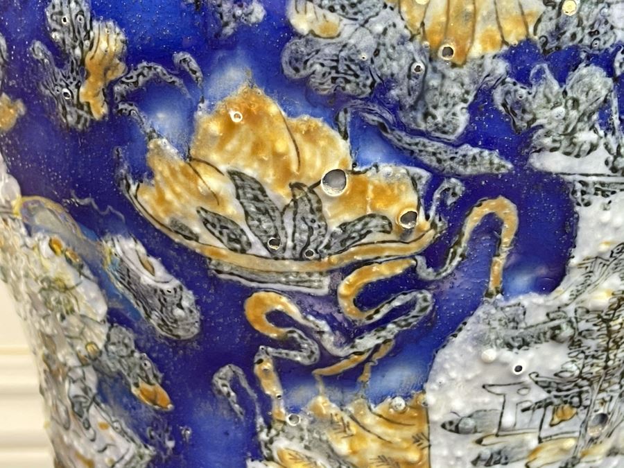 Stunning People's Republic Of China Chinese Porcelain Blue Glazed Large Vase 22.5H X 11W [Photo 8]