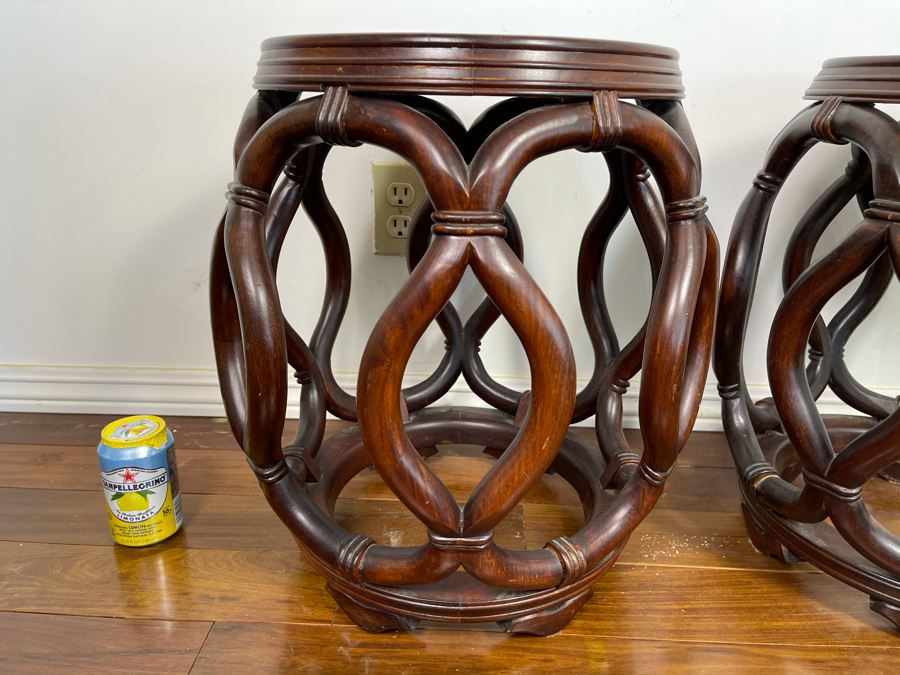 Pair Of Chinese Wooden Side Tables Plant Stands Stools With Porcelain Tops 16W X 18H [Photo 9]