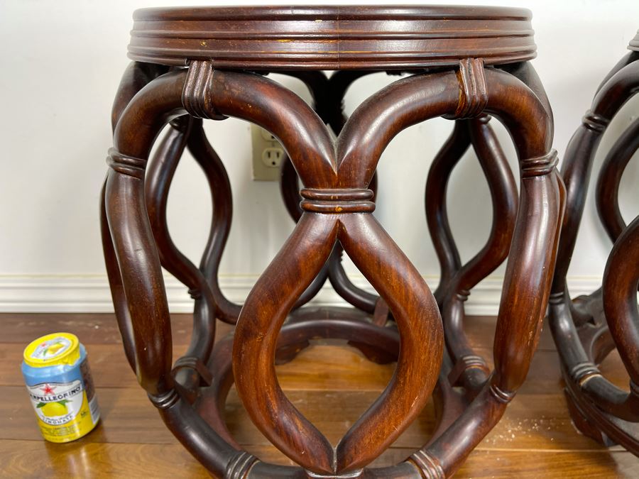 Pair Of Chinese Wooden Side Tables Plant Stands Stools With Porcelain Tops 16W X 18H [Photo 8]
