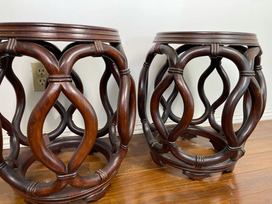 Pair Of Chinese Wooden Side Tables Plant Stands Stools With Porcelain Tops 16W X 18H [Photo 11]