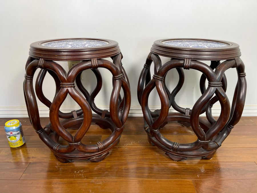 Pair Of Chinese Wooden Side Tables Plant Stands Stools With Porcelain Tops 16W X 18H [Photo 3]