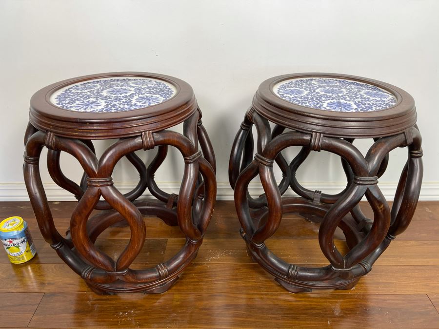 Pair Of Chinese Wooden Side Tables Plant Stands Stools With Porcelain Tops 16W X 18H [Photo 2]