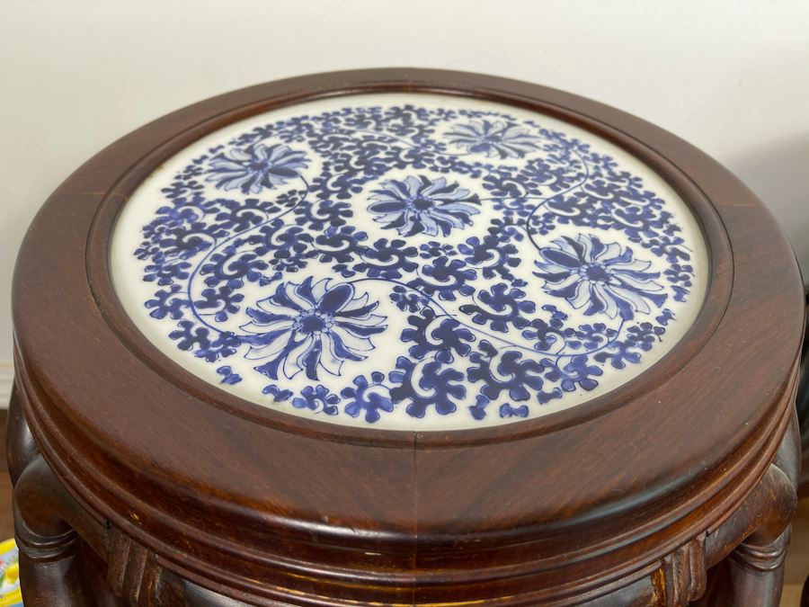 Pair Of Chinese Wooden Side Tables Plant Stands Stools With Porcelain Tops 16W X 18H [Photo 5]