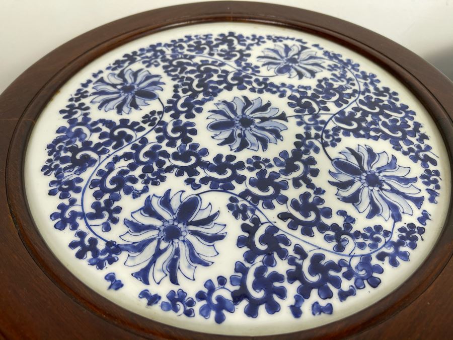 Pair Of Chinese Wooden Side Tables Plant Stands Stools With Porcelain Tops 16W X 18H [Photo 6]