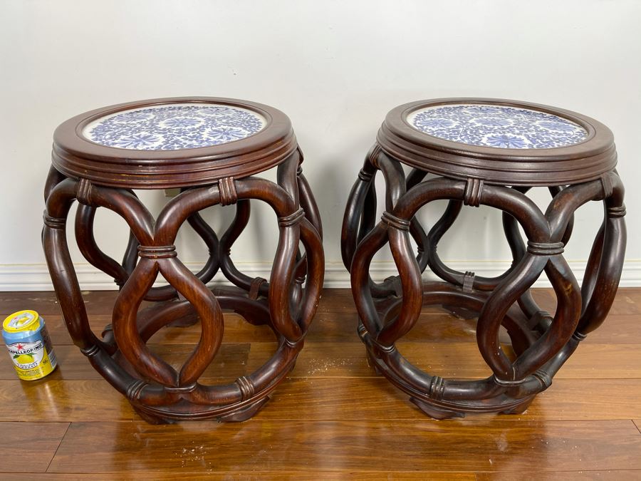 Pair Of Chinese Wooden Side Tables Plant Stands Stools With Porcelain Tops 16W X 18H [Photo 4]