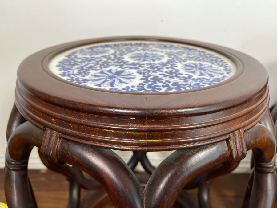 Pair Of Chinese Wooden Side Tables Plant Stands Stools With Porcelain Tops 16W X 18H [Photo 7]