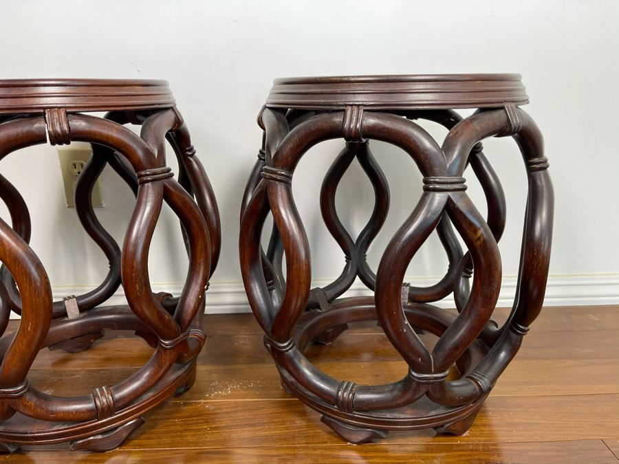 Pair Of Chinese Wooden Side Tables Plant Stands Stools With Porcelain Tops 16W X 18H [Photo 10]