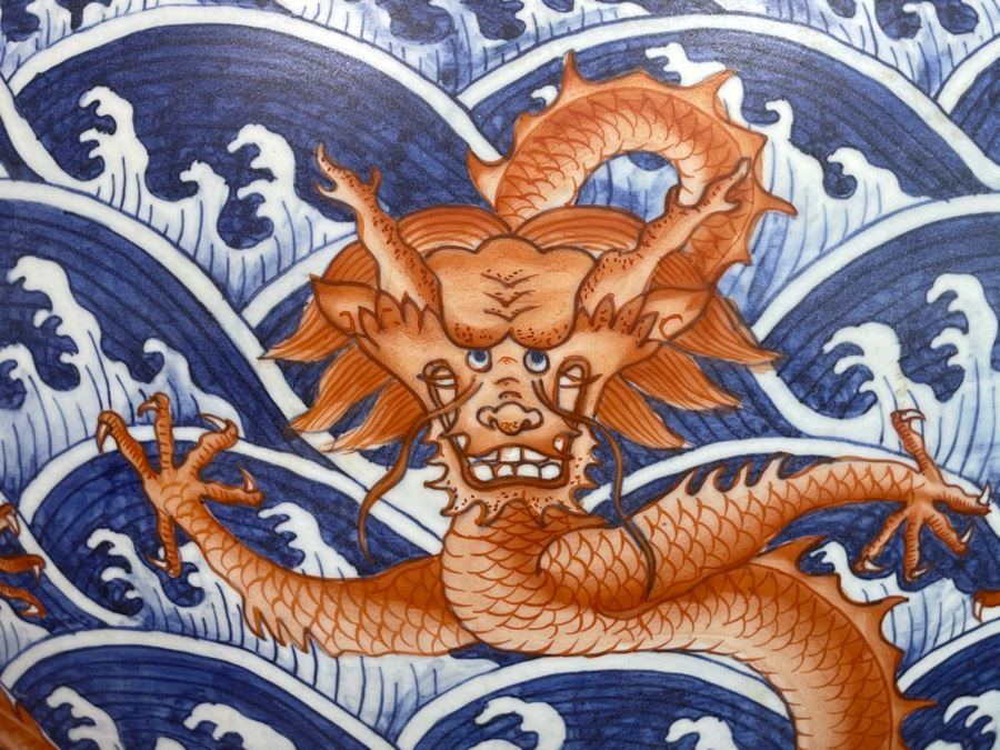 Large Signed Chinese Hand Painted Porcelain Vase With Dragon And Wave Motif 22H X 15W [Photo 5]
