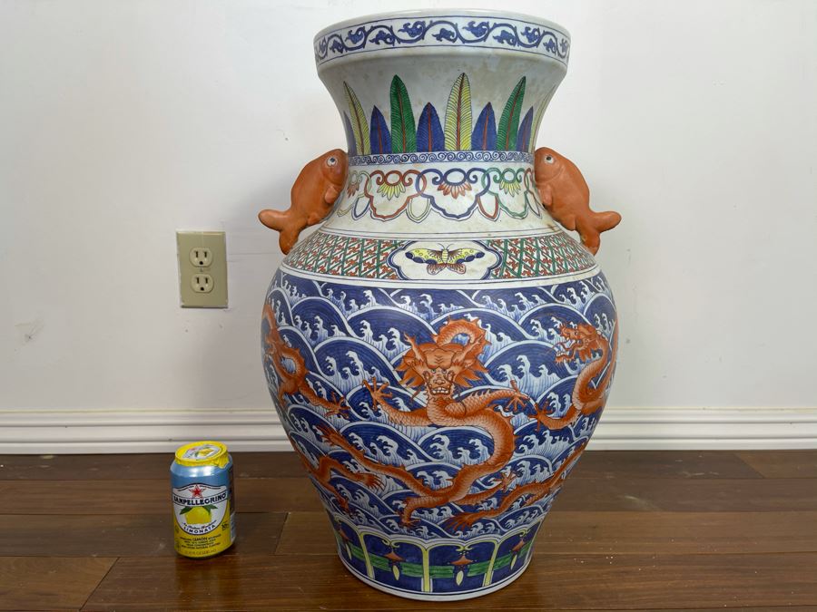 Large Signed Chinese Hand Painted Porcelain Vase With Dragon And Wave Motif 22H X 15W [Photo 3]