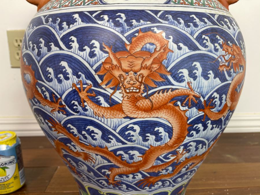 Large Signed Chinese Hand Painted Porcelain Vase With Dragon And Wave Motif 22H X 15W [Photo 4]