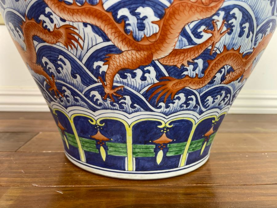 Large Signed Chinese Hand Painted Porcelain Vase With Dragon And Wave Motif 22H X 15W [Photo 8]