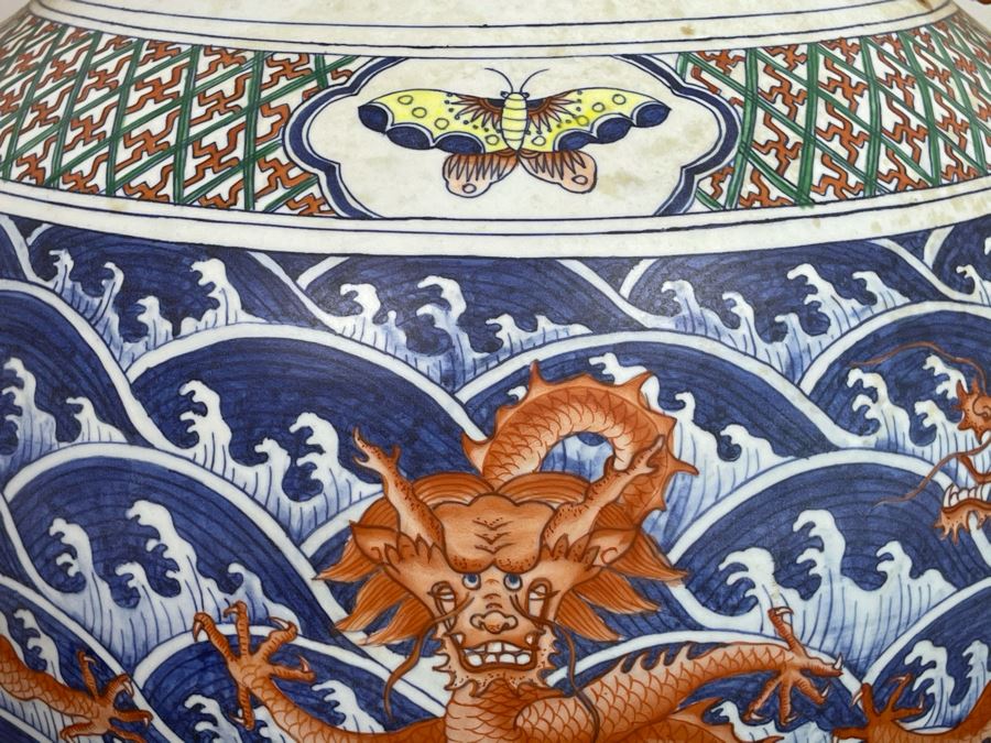 Large Signed Chinese Hand Painted Porcelain Vase With Dragon And Wave Motif 22H X 15W [Photo 6]