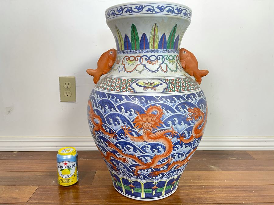 Large Signed Chinese Hand Painted Porcelain Vase With Dragon And Wave Motif 22H X 15W [Photo 2]