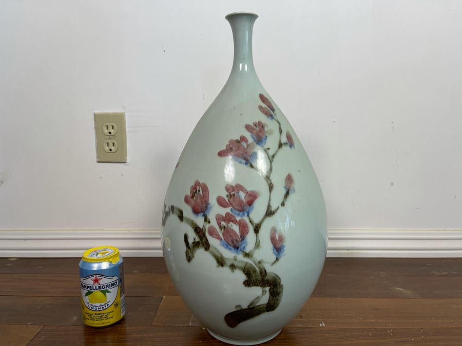 Vintage Signed Chinese Porcelain Vase With Cherry Blossums Design 19H X 10W [Photo 3]