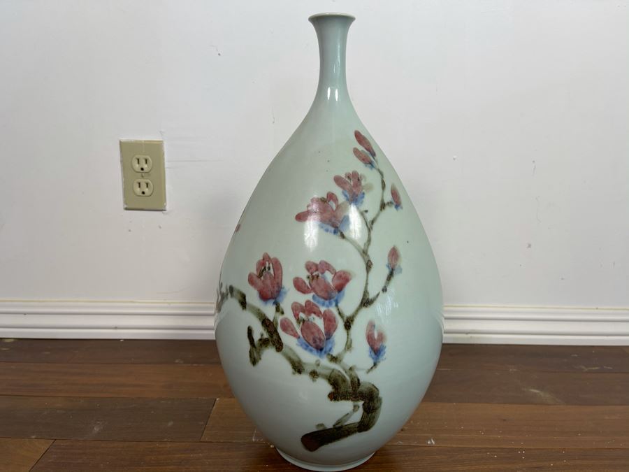 Vintage Signed Chinese Porcelain Vase With Cherry Blossums Design 19H X 10W [Photo 4]
