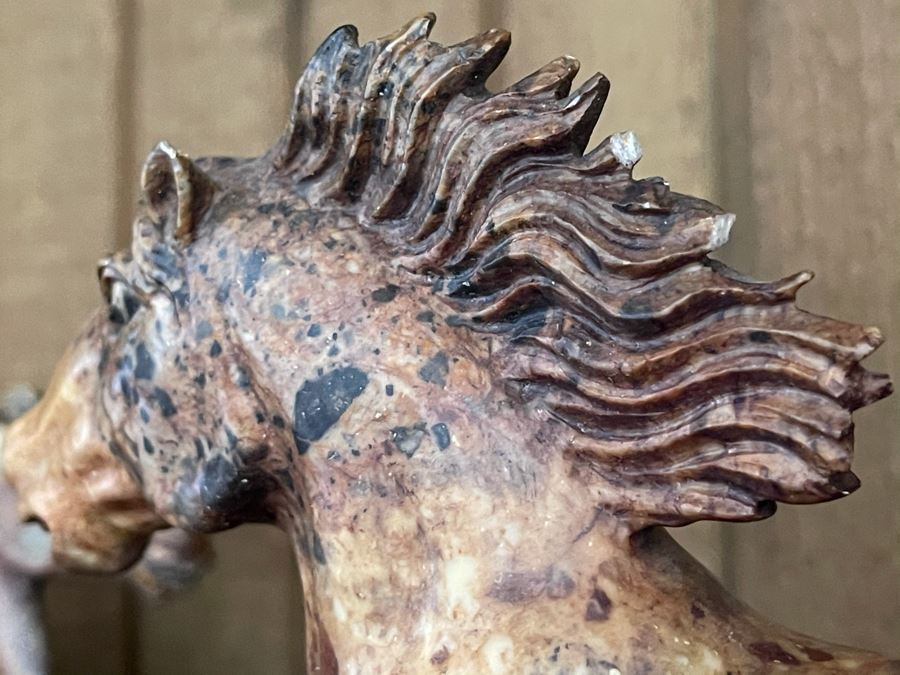 Pair Of Individually Signed Chinese Hardstone Carved Horses On Custom Wooden Bases (Larger Measures 10W X 8H) [Photo 34]