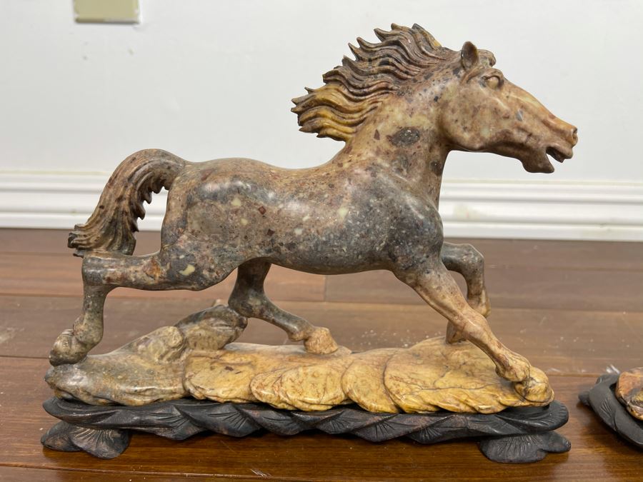 Pair Of Individually Signed Chinese Hardstone Carved Horses On Custom Wooden Bases (Larger Measures 10W X 8H) [Photo 9]