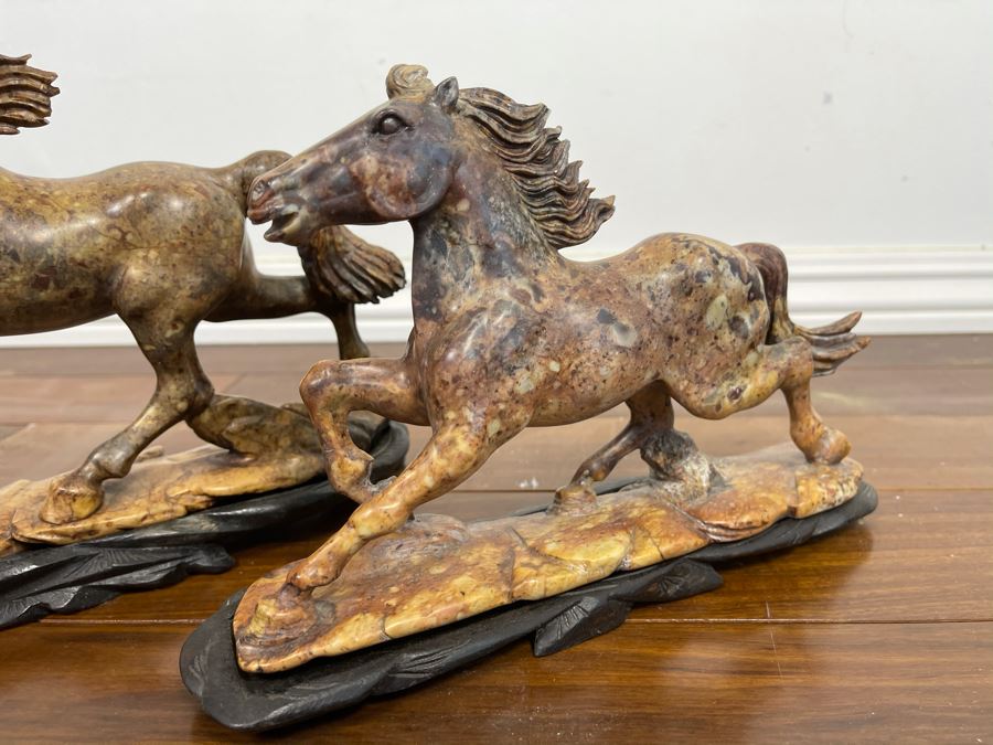 Pair Of Individually Signed Chinese Hardstone Carved Horses On Custom Wooden Bases (Larger Measures 10W X 8H) [Photo 14]