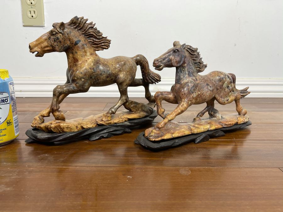 Pair Of Individually Signed Chinese Hardstone Carved Horses On Custom Wooden Bases (Larger Measures 10W X 8H) [Photo 12]