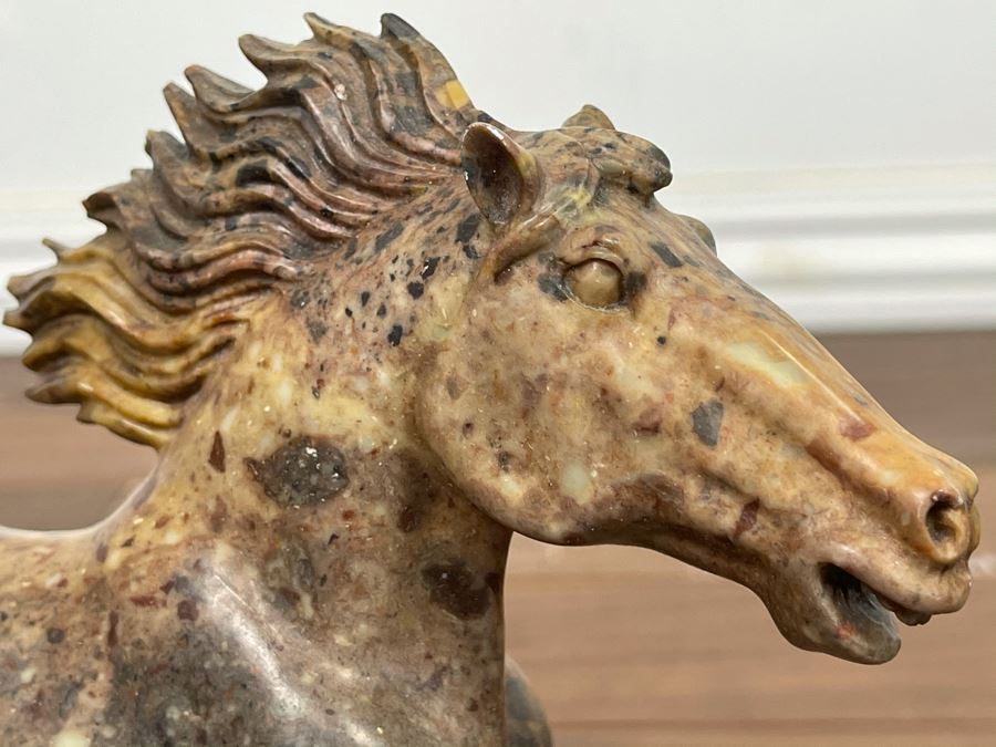 Pair Of Individually Signed Chinese Hardstone Carved Horses On Custom Wooden Bases (Larger Measures 10W X 8H) [Photo 30]