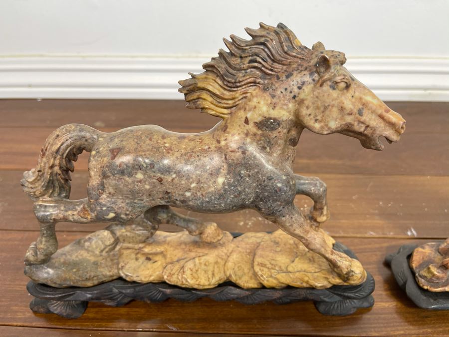 Pair Of Individually Signed Chinese Hardstone Carved Horses On Custom Wooden Bases (Larger Measures 10W X 8H) [Photo 10]