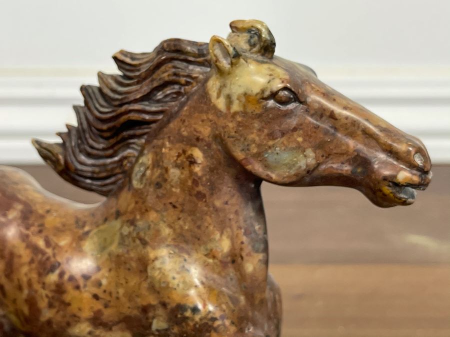 Pair Of Individually Signed Chinese Hardstone Carved Horses On Custom Wooden Bases (Larger Measures 10W X 8H) [Photo 32]