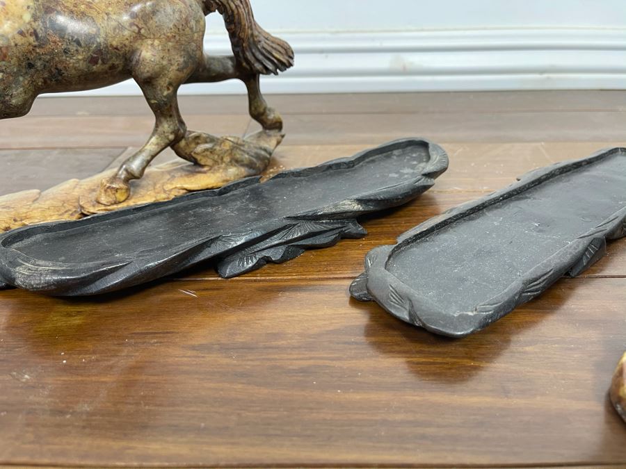 Pair Of Individually Signed Chinese Hardstone Carved Horses On Custom Wooden Bases (Larger Measures 10W X 8H) [Photo 18]