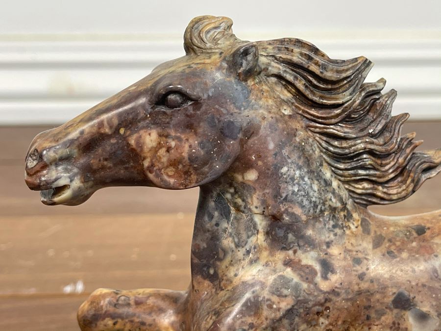 Pair Of Individually Signed Chinese Hardstone Carved Horses On Custom Wooden Bases (Larger Measures 10W X 8H) [Photo 31]