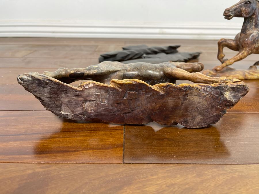 Pair Of Individually Signed Chinese Hardstone Carved Horses On Custom Wooden Bases (Larger Measures 10W X 8H) [Photo 26]