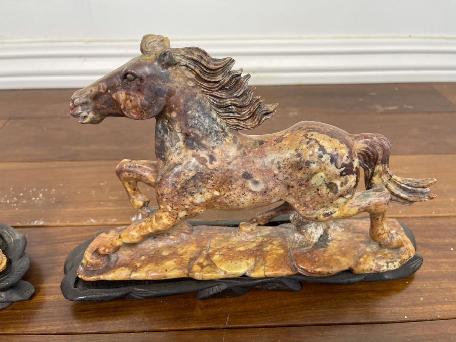 Pair Of Individually Signed Chinese Hardstone Carved Horses On Custom Wooden Bases (Larger Measures 10W X 8H) [Photo 5]