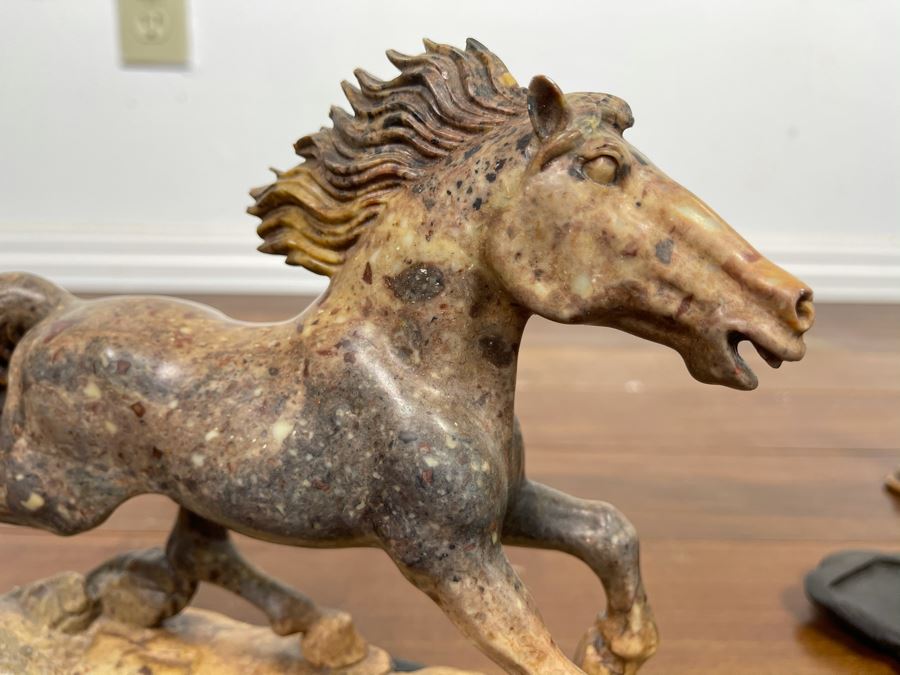 Pair Of Individually Signed Chinese Hardstone Carved Horses On Custom Wooden Bases (Larger Measures 10W X 8H) [Photo 29]