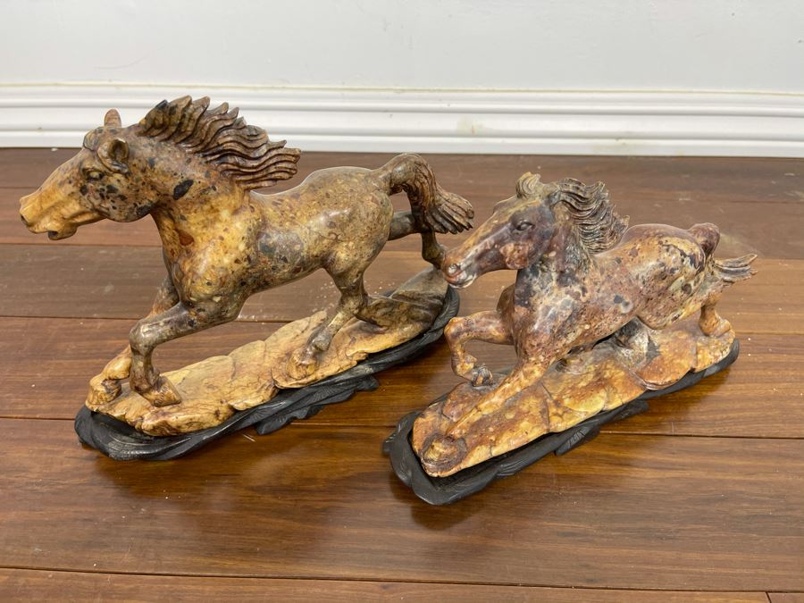 Pair Of Individually Signed Chinese Hardstone Carved Horses On Custom Wooden Bases (Larger Measures 10W X 8H) [Photo 15]